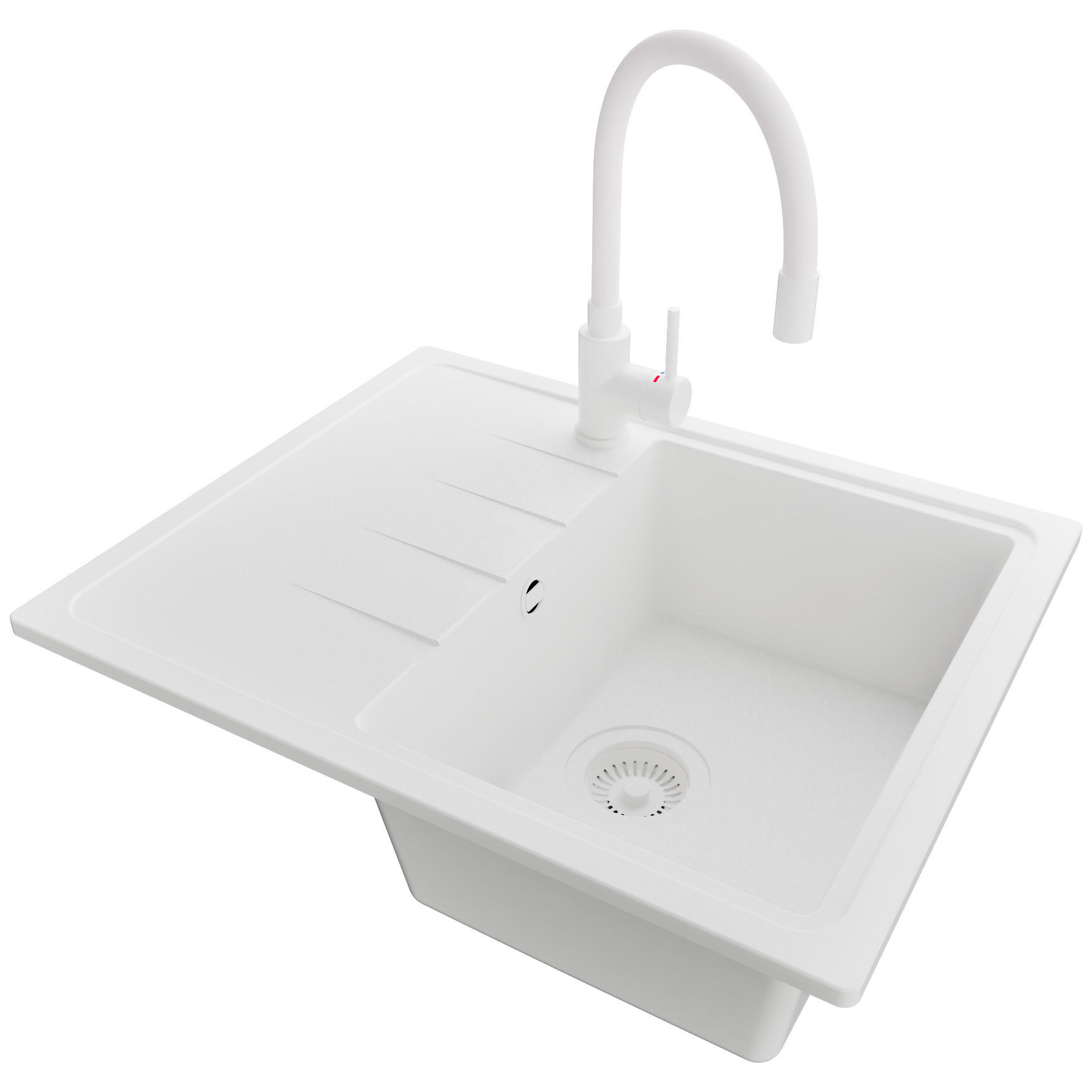 GRANITSPÜLE Mailand, 2-er set Alles Weiß 62/50 cm 1 Becken + Küchenarmatur 38/14 cm + Ablauf-Set ab 40er Unterschrank - Weiß, Kunststoff (62/19/50cm) - Primagran