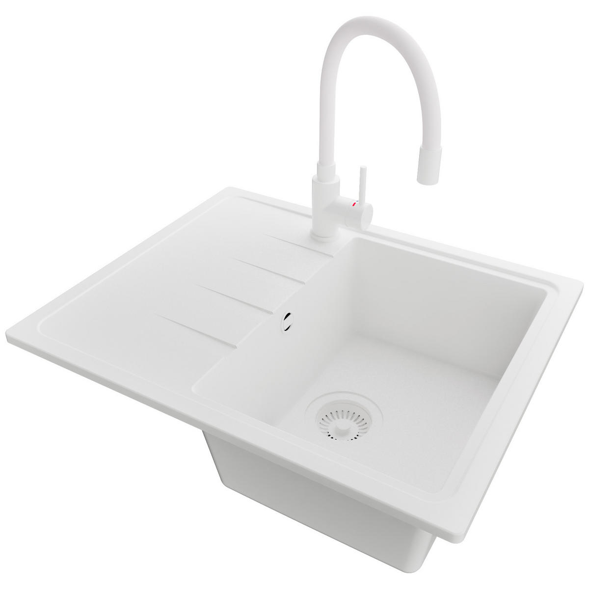 GRANITSPÜLE Mailand, 2-er set Alles Weiß 62/50 cm 1 Becken + Küchenarmatur 38/14 cm + Ablauf-Set ab 40er Unterschrank - Weiß, Kunststoff (62/19/50cm) - Primagran