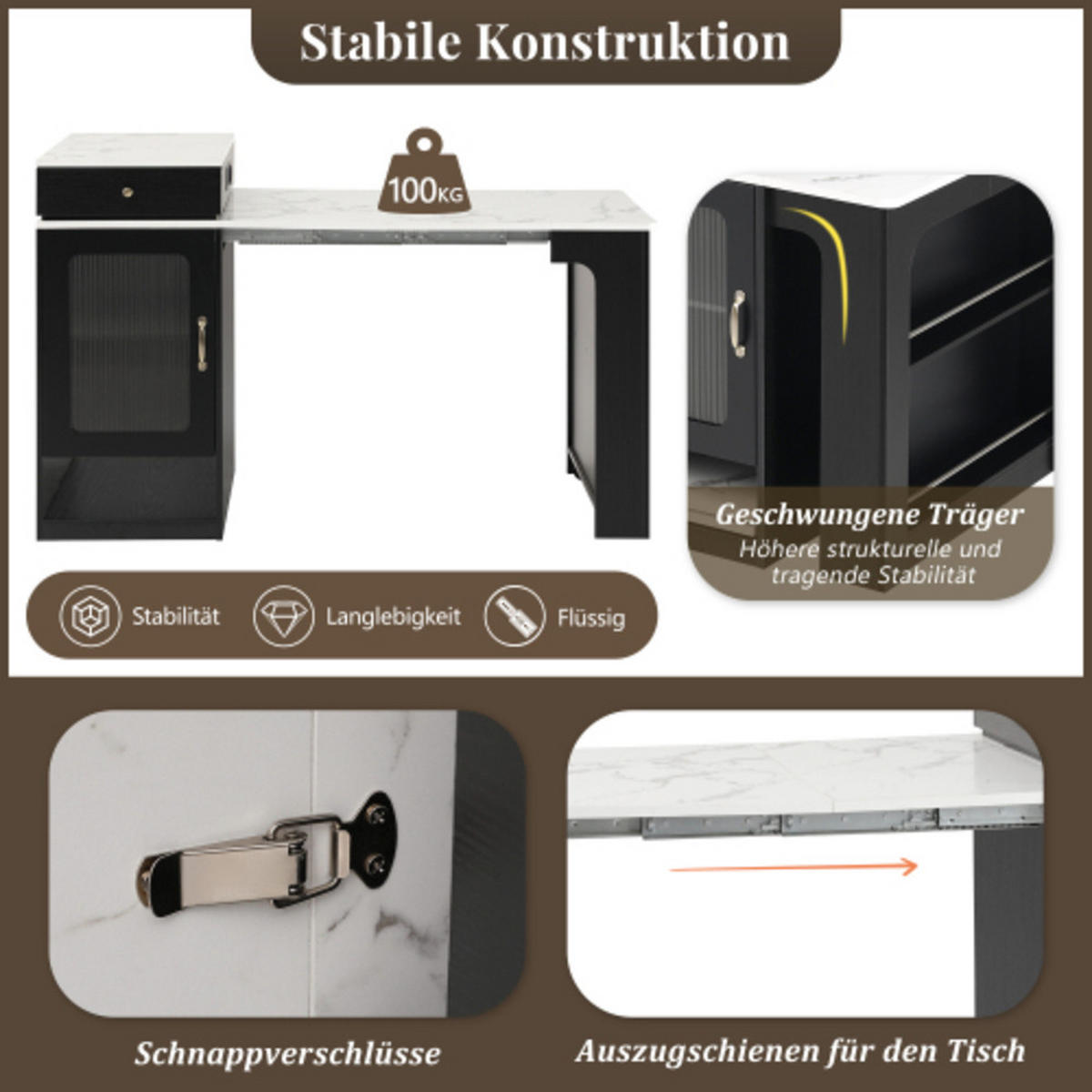 SIDEBOARD mit Riffelglastüren & Steckdosenstation schwarz 80×71-151×92 cm aus MDF und Glas - Schwarz, Holzwerkstoff (80/92/151cm) - Luhomfu