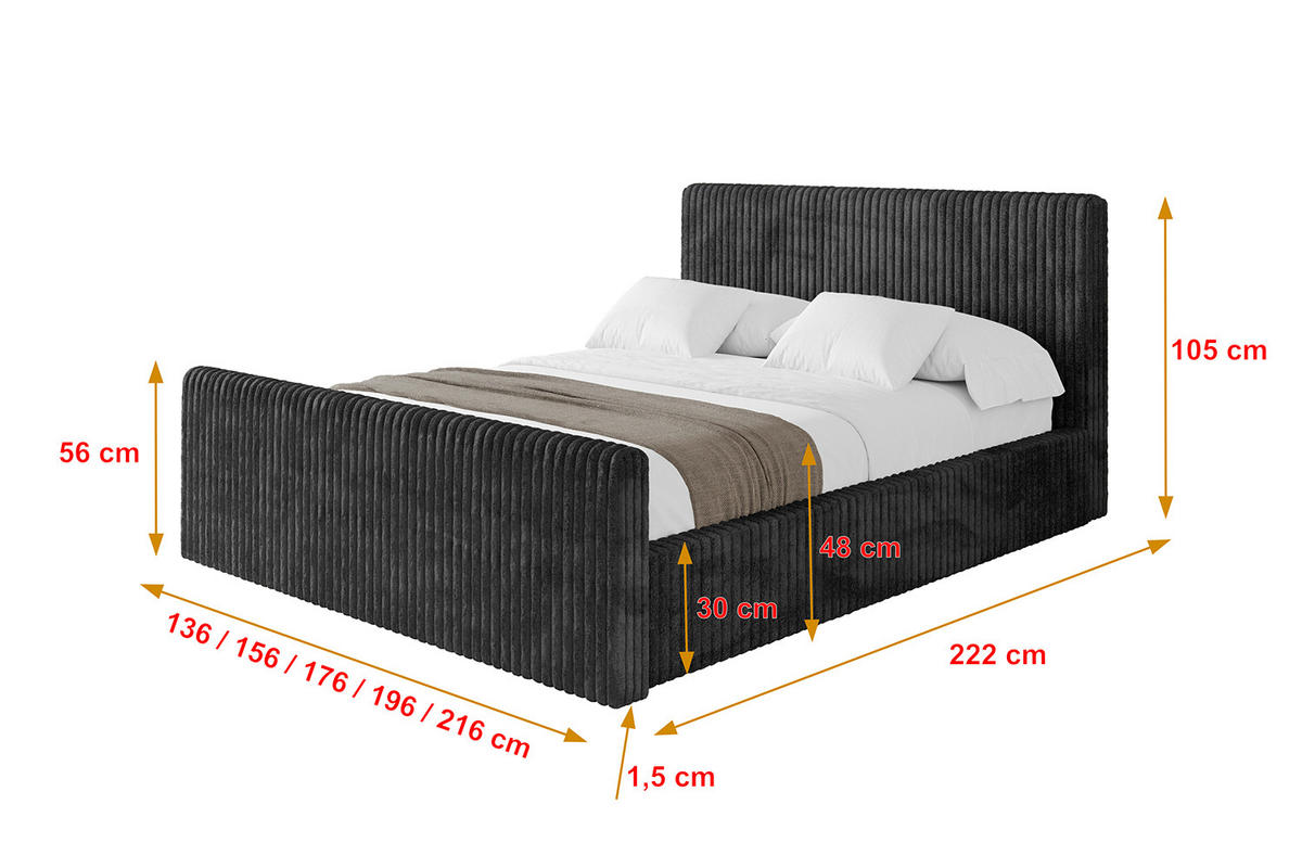 POLSTERBETT mit Bettkasten, Fußteil und Lattenrost, Boxbett ohne Matratze - ALOVA-Z-V1 180x200 Schwarz - Schwarz, Holzwerkstoff/Textil (180/200cm) - ALTDECOR