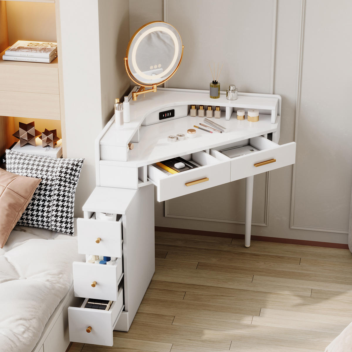 ECK-SCHMINKTISCH Weiß mit drehbarem LED-Spiegel (dimmbar), 5 Schubladen, USB & USB-C, moderner Frisiertisch, 105,5x75x120 cm - Weiß, Holz (75/120/105.5cm) - Ej. Life