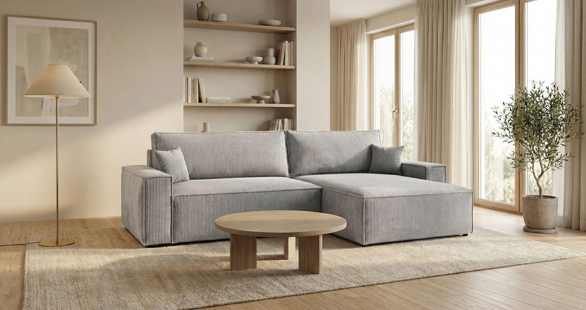 ECKSOFA VIENNA rechts grau Cord Poso 55 - Schlaffunktion, Bettkasten - Grau, Textil (285/184cm) - Cornero