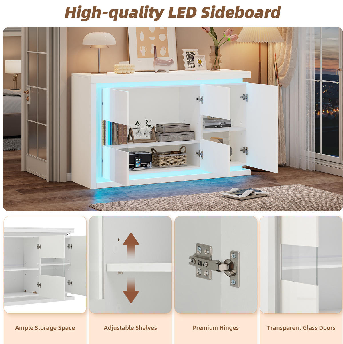 SIDEBOARD 140/40/84 cm Weiß aus Spanplatte mit LED-Lichtleiste - Weiß, Holzwerkstoff (40/84/140cm) - OKMYHOME