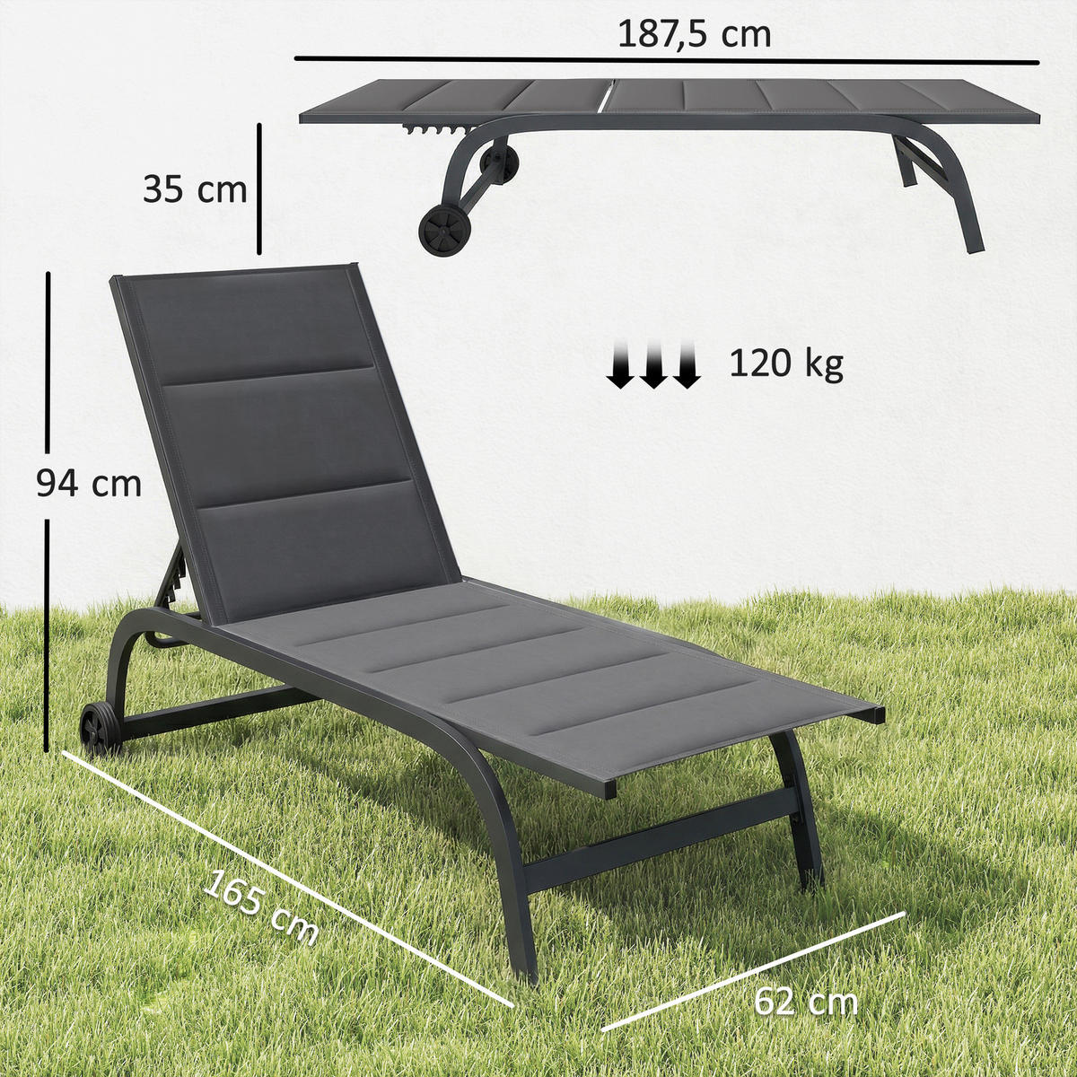 SONNENLIEGE Aluminium Dunkelgrau - Dunkelgrau, Textil/Metall (62/94/165cm) - Outsunny