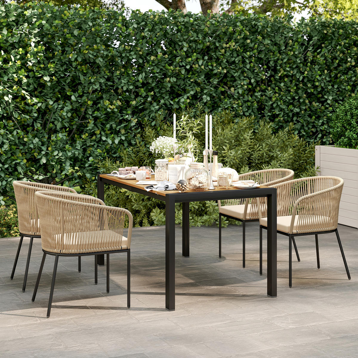 GARTENMÖBEL-SET DE-06739 5-teiliges, 4 Stühle & Tisch, waschbare Kissen Khaki - Taupe/Naturfarben, Holz/Kunststoff - ComfortXL