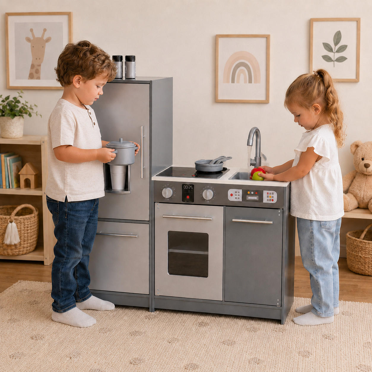 HOLZ-SPIELKÜCHE Milano Modern Kinderküche, Grau, 83cm - Grau, Holz (39/94/83cm) - Teamson Kids
