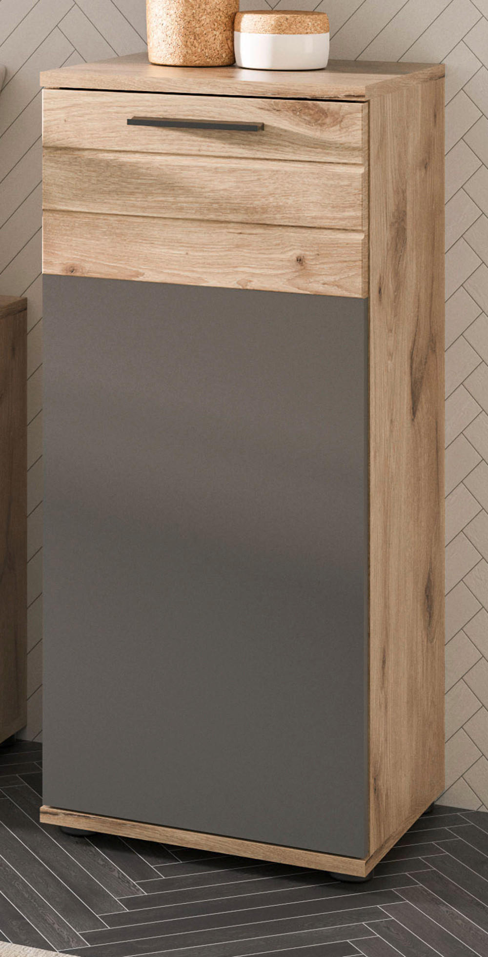 UNTERSCHRANK Eiche grau 37 x 87 cm, Kommode mit Soft-Close, Badmöbel - Eichefarben/Schwarz, Holzwerkstoff/Kunststoff (37/87/34cm) - Inn.Furn