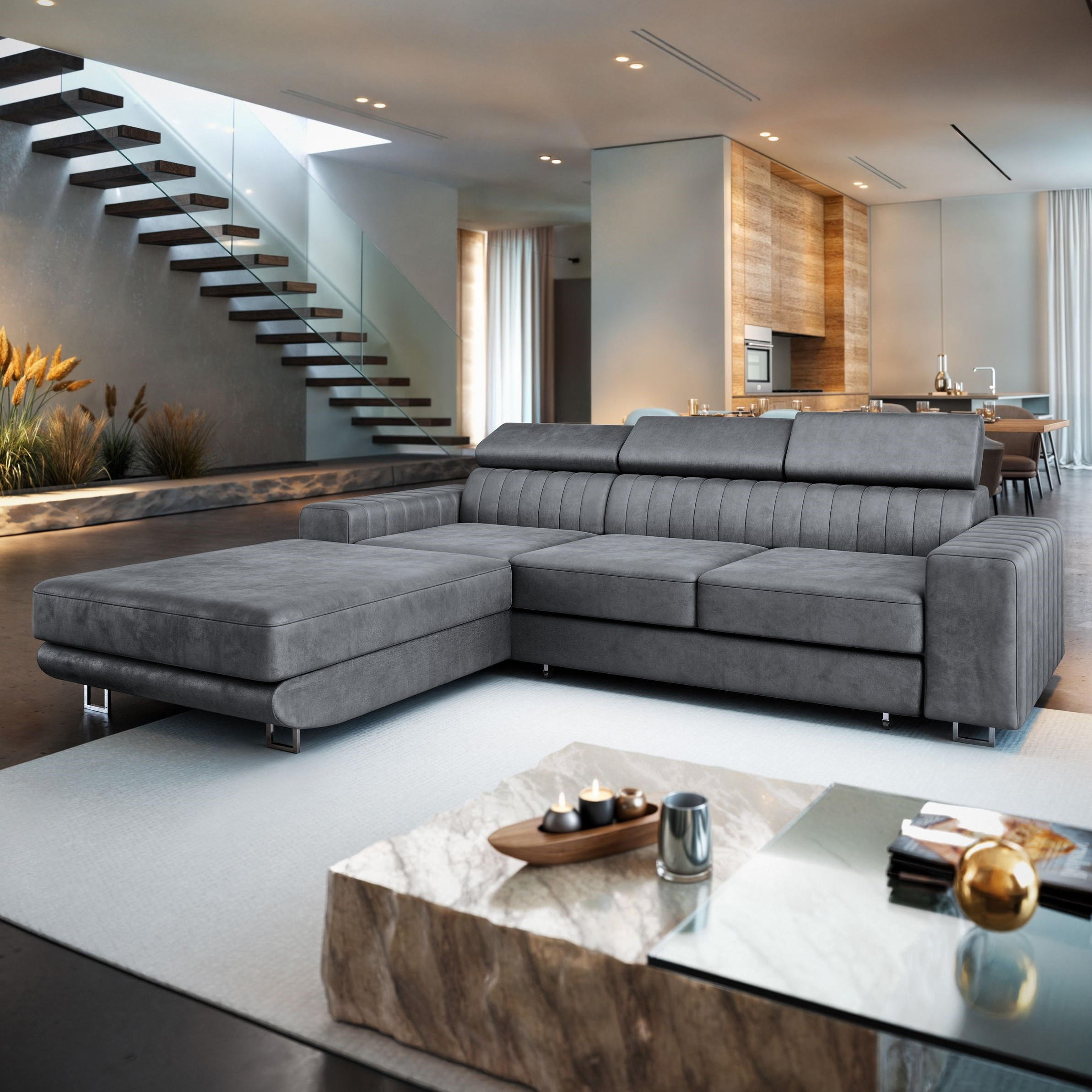 ECKSOFA NOTO L-S Grau Velours-Stoff mit Schlaffunktion - Grau, Holz (267/190cm) - MASSENO