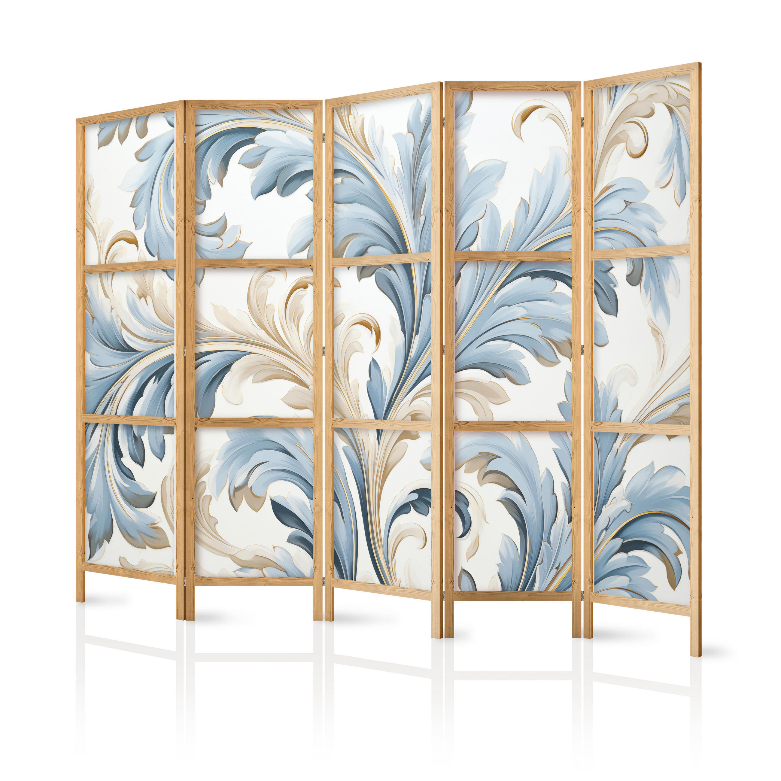 PARAVENT Japanischer 5-tlg 225x172 cm Bl tter Ornamente - Blau, Holz/Textil (225/172/3cm) - Muralo