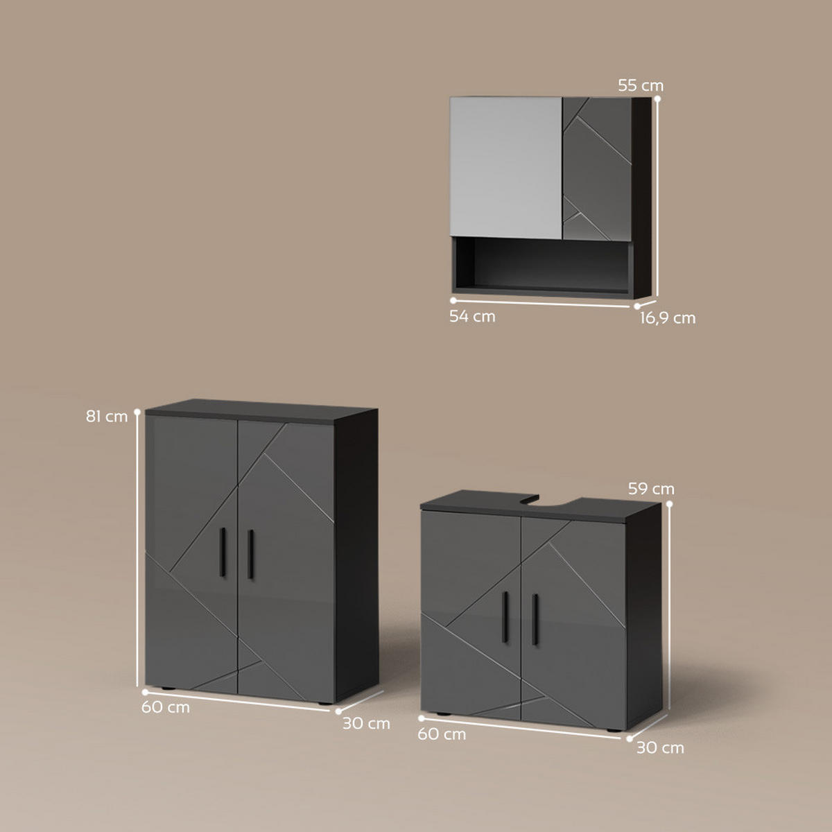 BADMÖBEL-SET Ronco Anthrazit Hochglanz 3 Teile, mit Unterschrank 60 cm - Schwarz Hochglanz/Anthrazit, Holzwerkstoff (60/81/30cm) - Livinity®