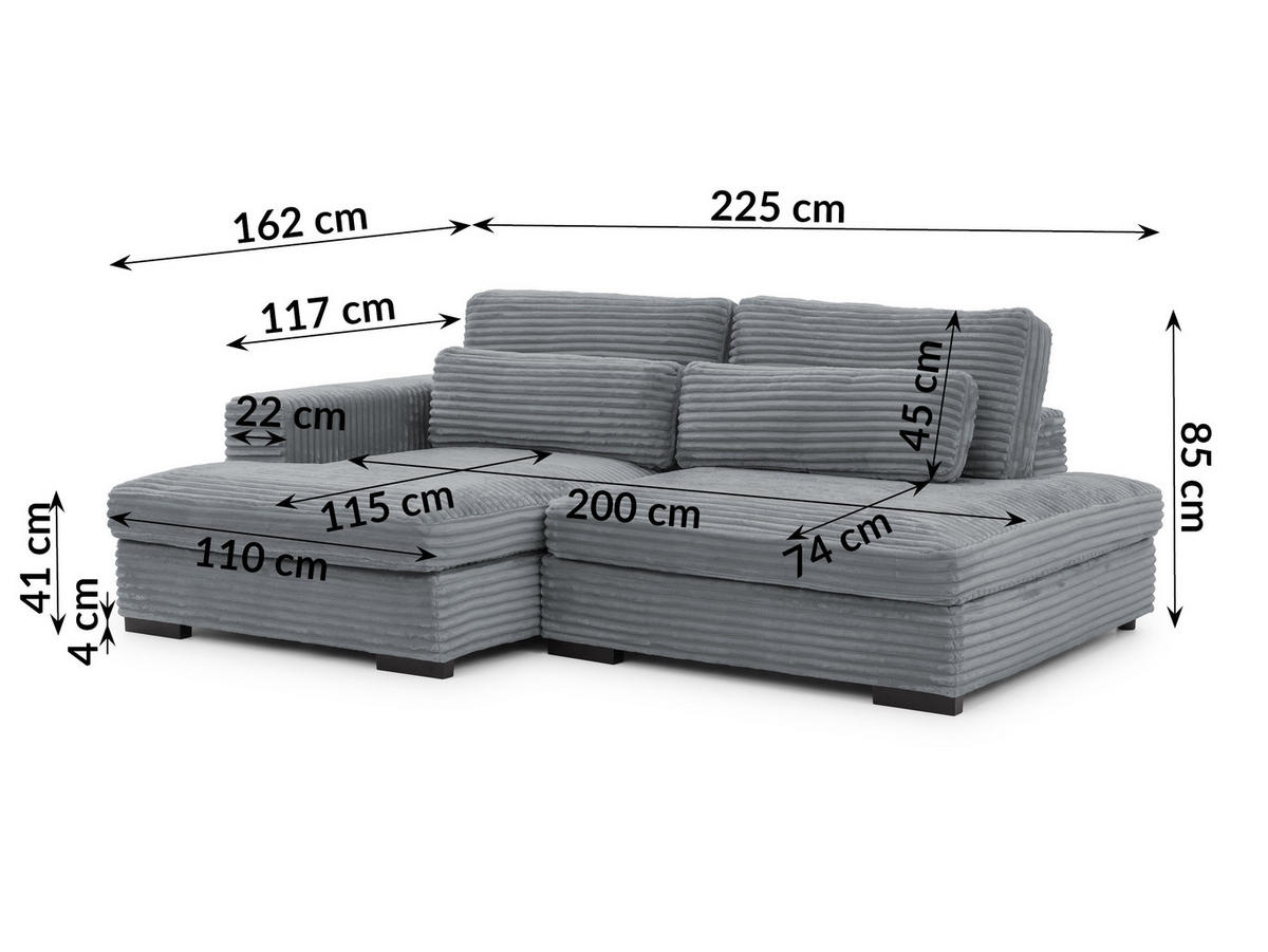 ECKSOFA Wolke mit tiefer Sitzfläche, Schlaffunktion und praktischem Bettkasten aus weichem Grau Cordstoff - Schwarz/Grau, Holz/Kunststoff (162/225cm) - S-Style
