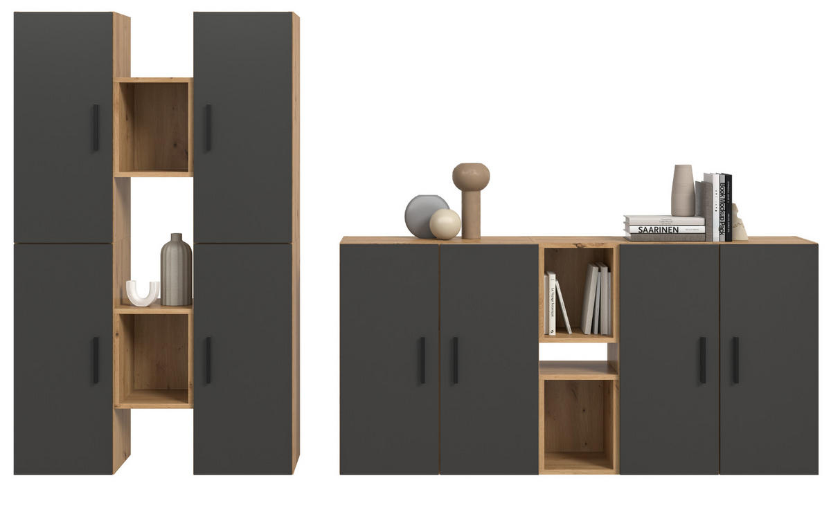 WOHNWAND grau, Eiche Artisan 259 x 184 cm, Wohnkombination hängend / stehend - Schwarz/Eiche Artisan, Holzwerkstoff/Kunststoff (259/151/34cm) - Inn.Furn