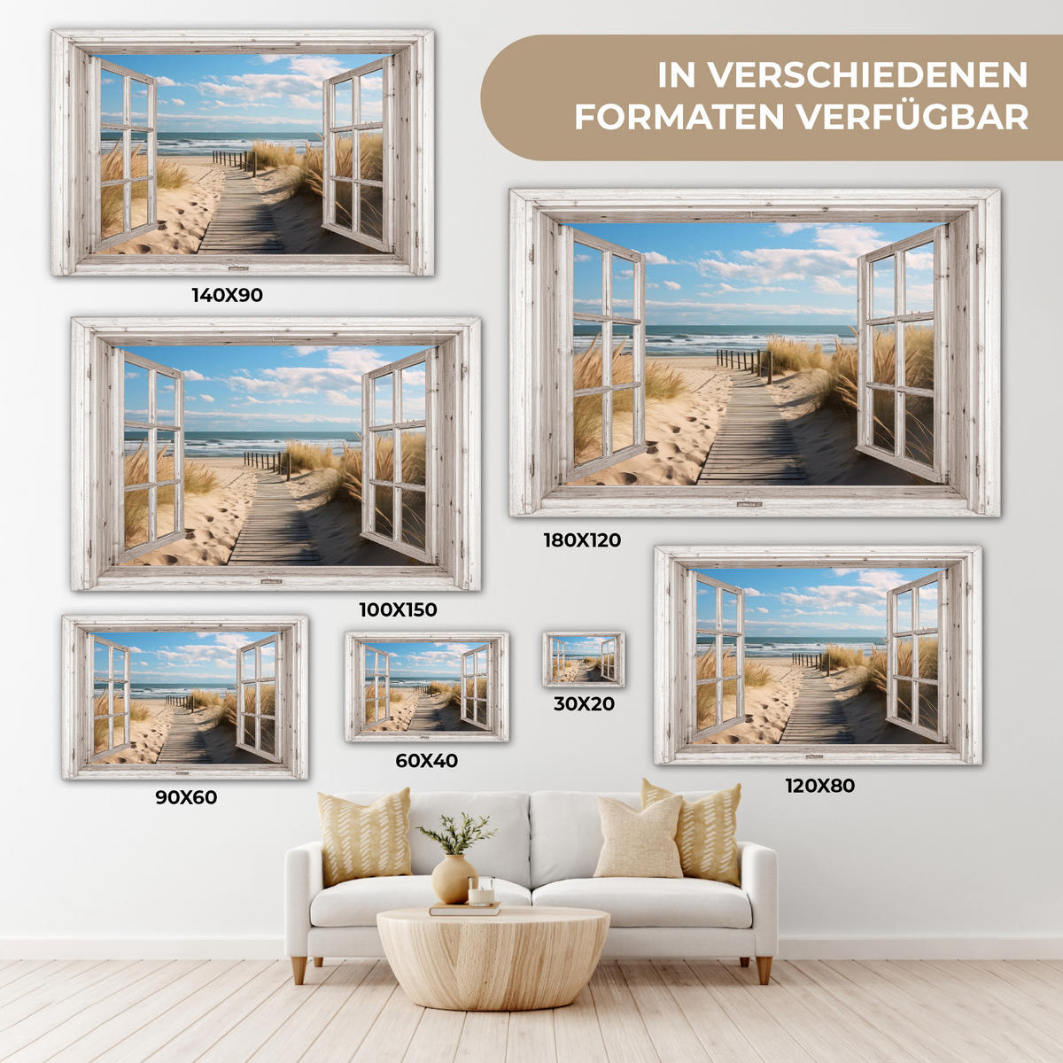 LEINWANDBILD Fenster - Meer - Küste - Natur - Ausblick - Strand - Wattenmeer Wohnzimmer 120x80 cm - Beige, Textil (120/80cm) - MuchoWow