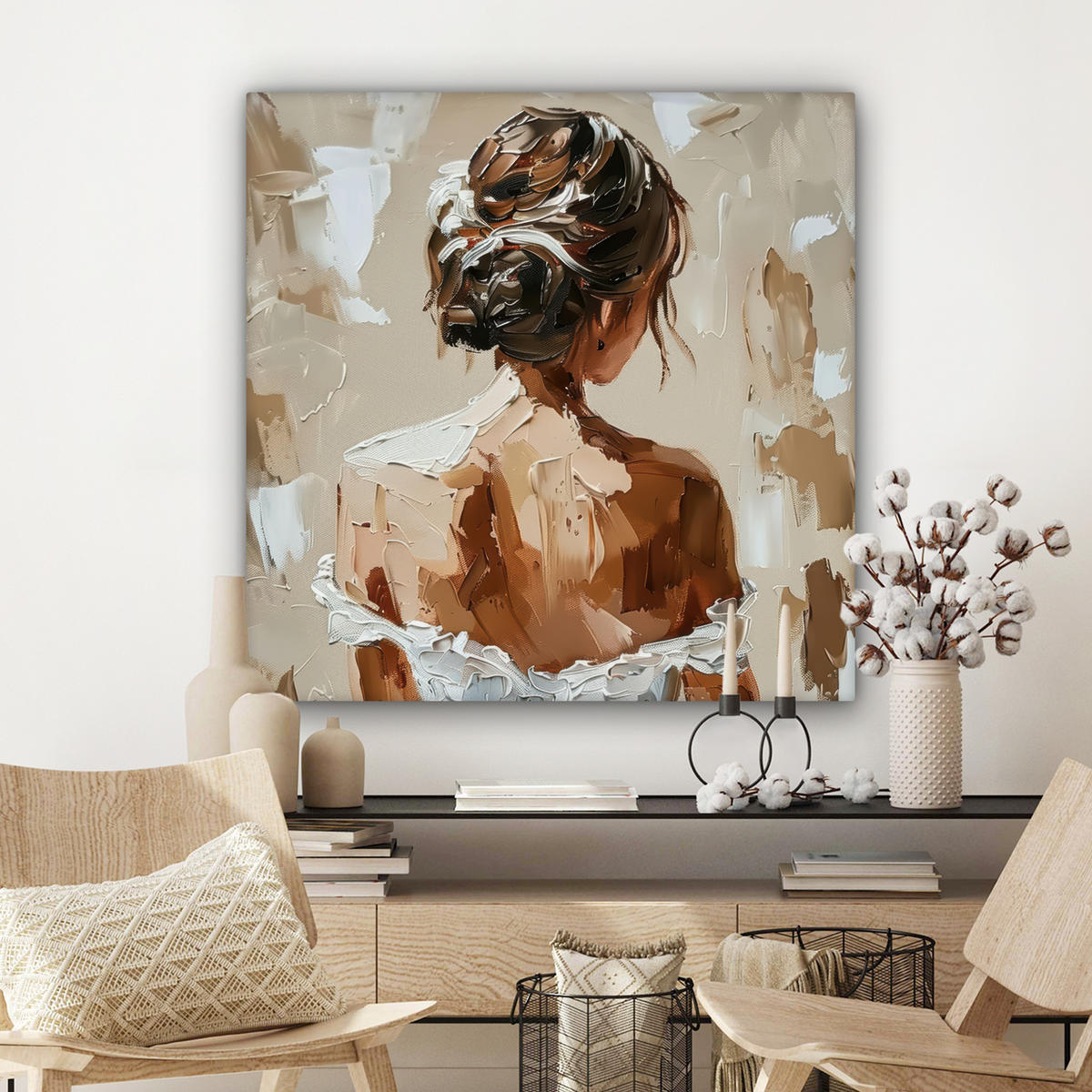 LEINWANDBILD - Frau - Farbe - Abstrakt - Beige - Modern - 90x90 - Gemälde - Sandfarben, Textil (90/90cm) - MuchoWow