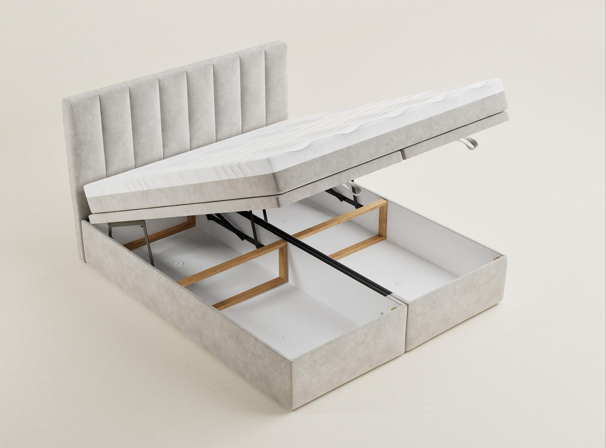 BOXBETT 180/200 cm Lovage M, in Beige, Matratze, gepolstertes Kopfteil, Bettkasten, H3 = fest - Beige/Schwarz, Holz/Holzwerkstoff (180/200cm) - Maison de Reve