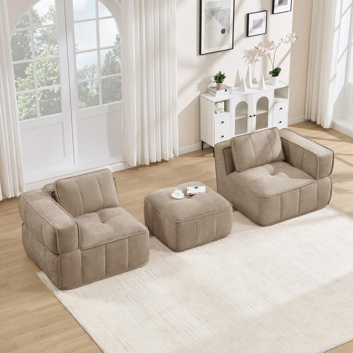 CANAPEA 2 LOCURI cu taburet, minimalist, Poliester-nisipiu - nisipiu, material textil (162/67/198cm) - KOMHTOM