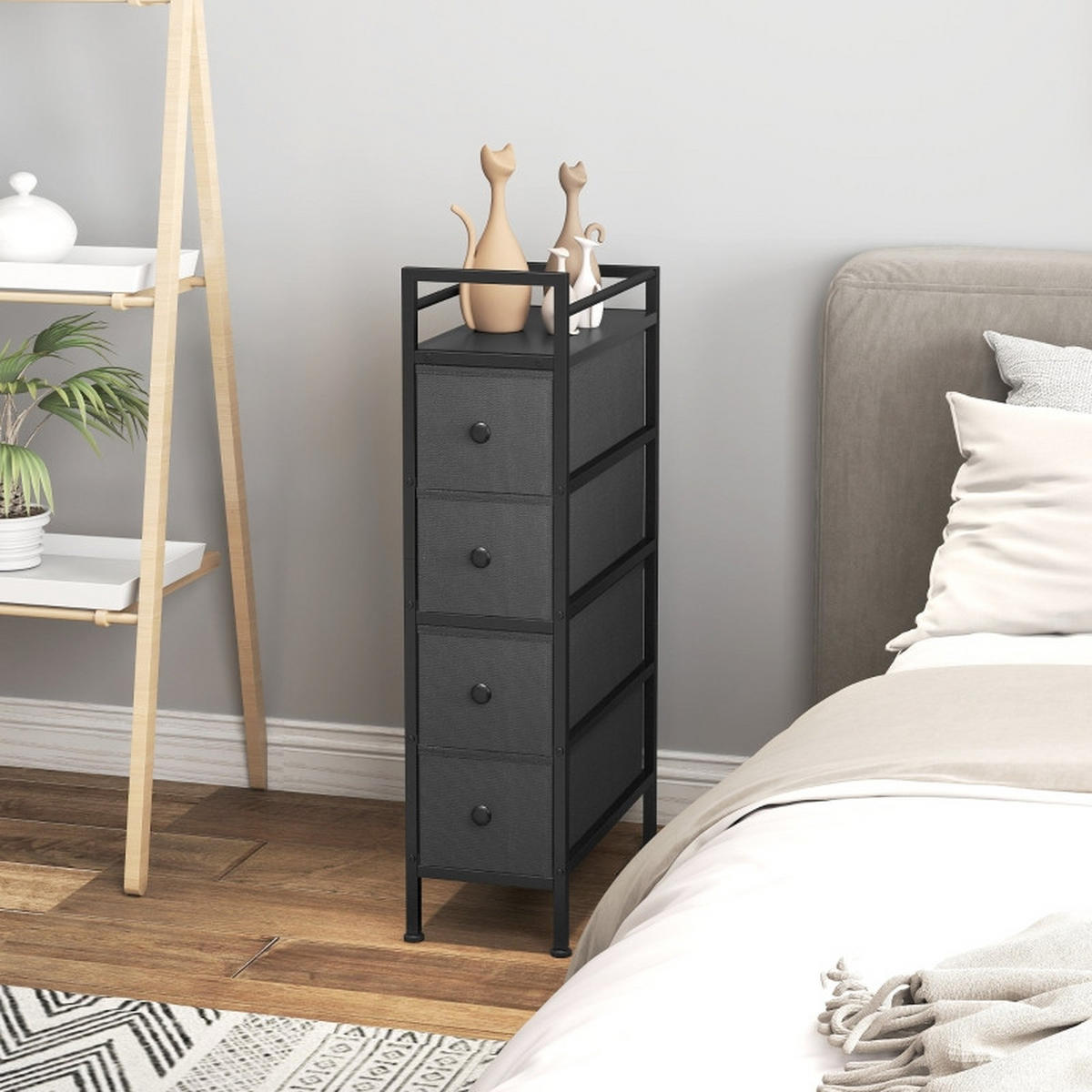 KOMMODE DE-38040 4 Vliesstoffschubladen mit Stahlrahmen Schwarz - Schwarz, Holzwerkstoff (43/81.5/20cm) - ComfortXL