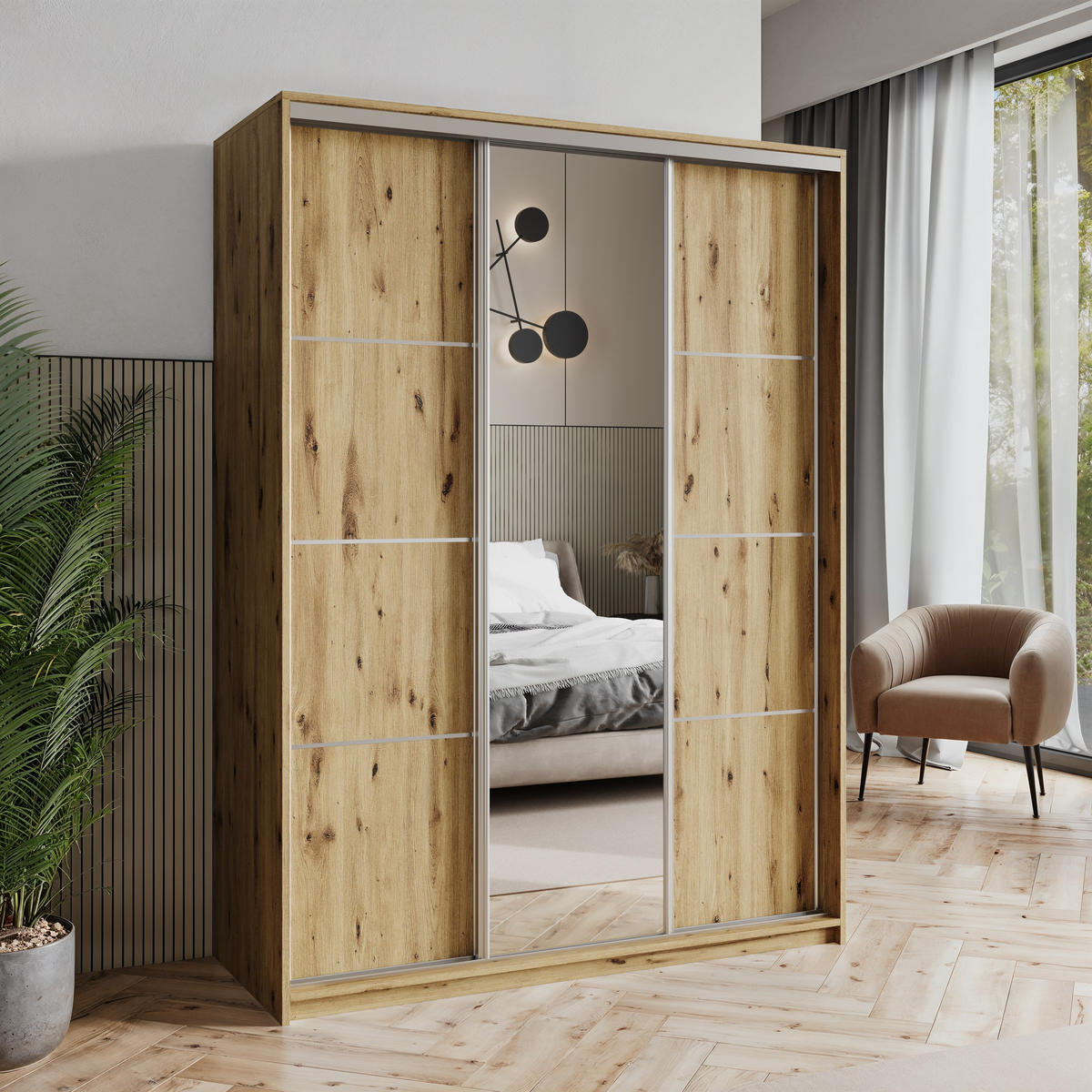 SCHWEBETÜRENSCHRANK VARO 150/205/60 cm 3-türig mit Spiegel Eiche Artisan - Eiche Artisan, Holzwerkstoff (150/205/60cm) - MASSENO