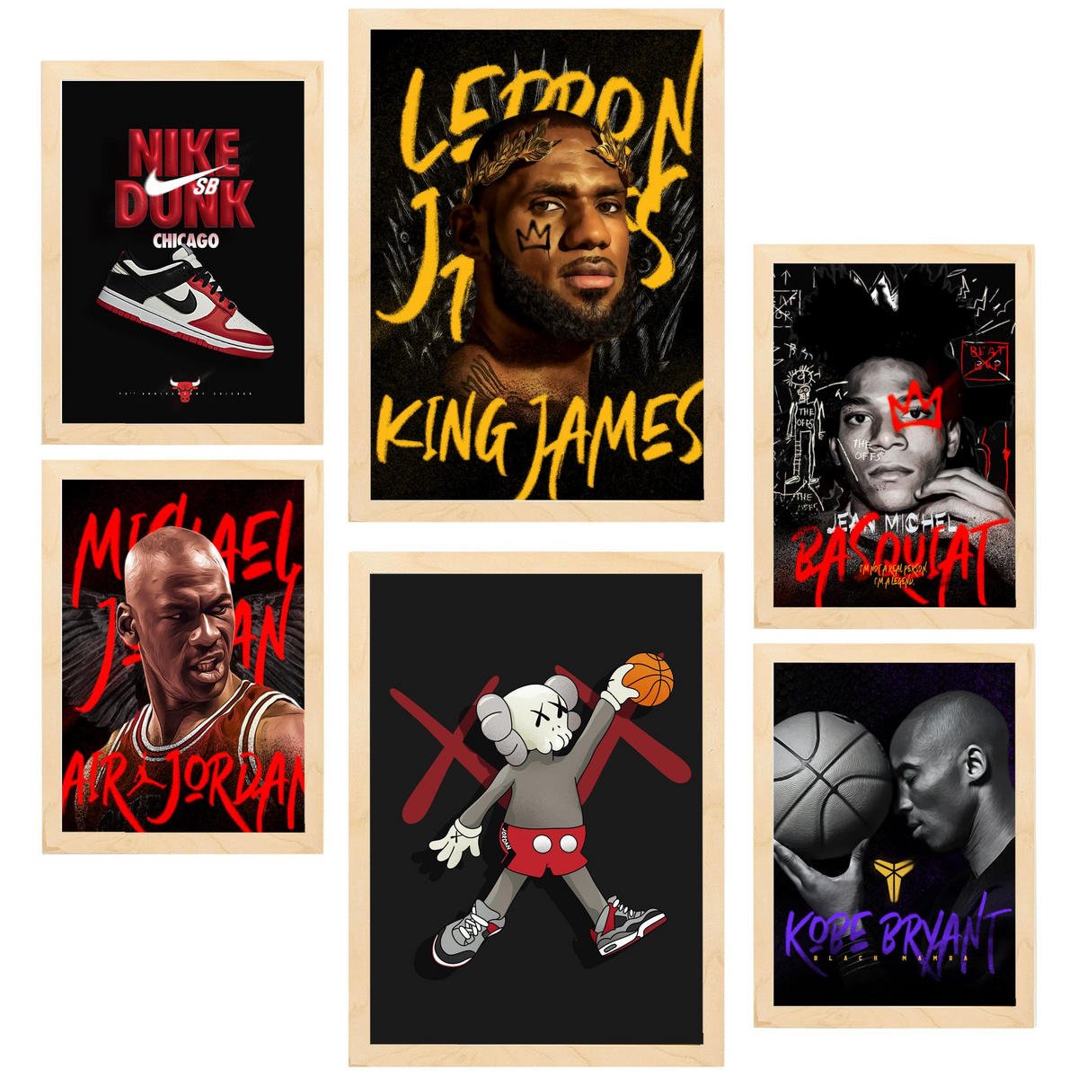 POSTER Set Mit 6 Grafiti Pop King James Jordan Nike Basquiat Kobie A3 & A4 Rahmen Aus Hellem Holz - Beige, Papier (29/3cm) - Nacnic