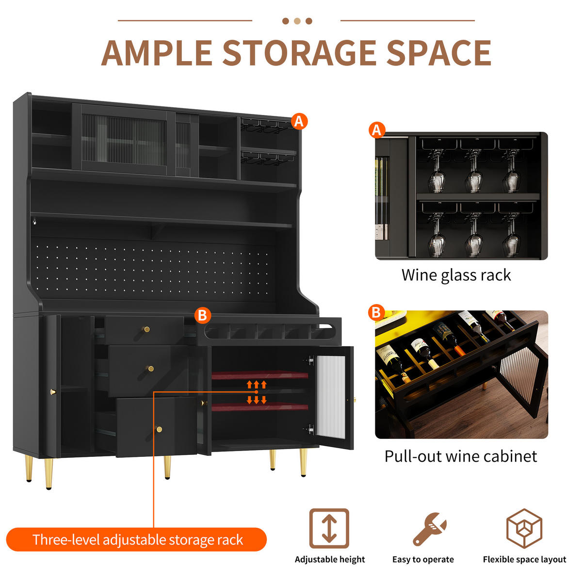 BUFFET DE-38400 145/39/171 cm mit LED-Beleuchtung und Weinregal Schwarz - Schwarz, Holzwerkstoff (145/171/39cm) - ComfortXL