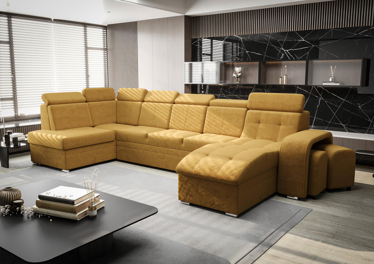 WOHNLANDSCHAFT KONGO RBN13, Eckcouch in U-Form mit Schlaffunktion, Farbe: Gelb, Velourstoff, Ottomane Rechts - Gelb, Textil (392/108/180cm) - O-Sofa