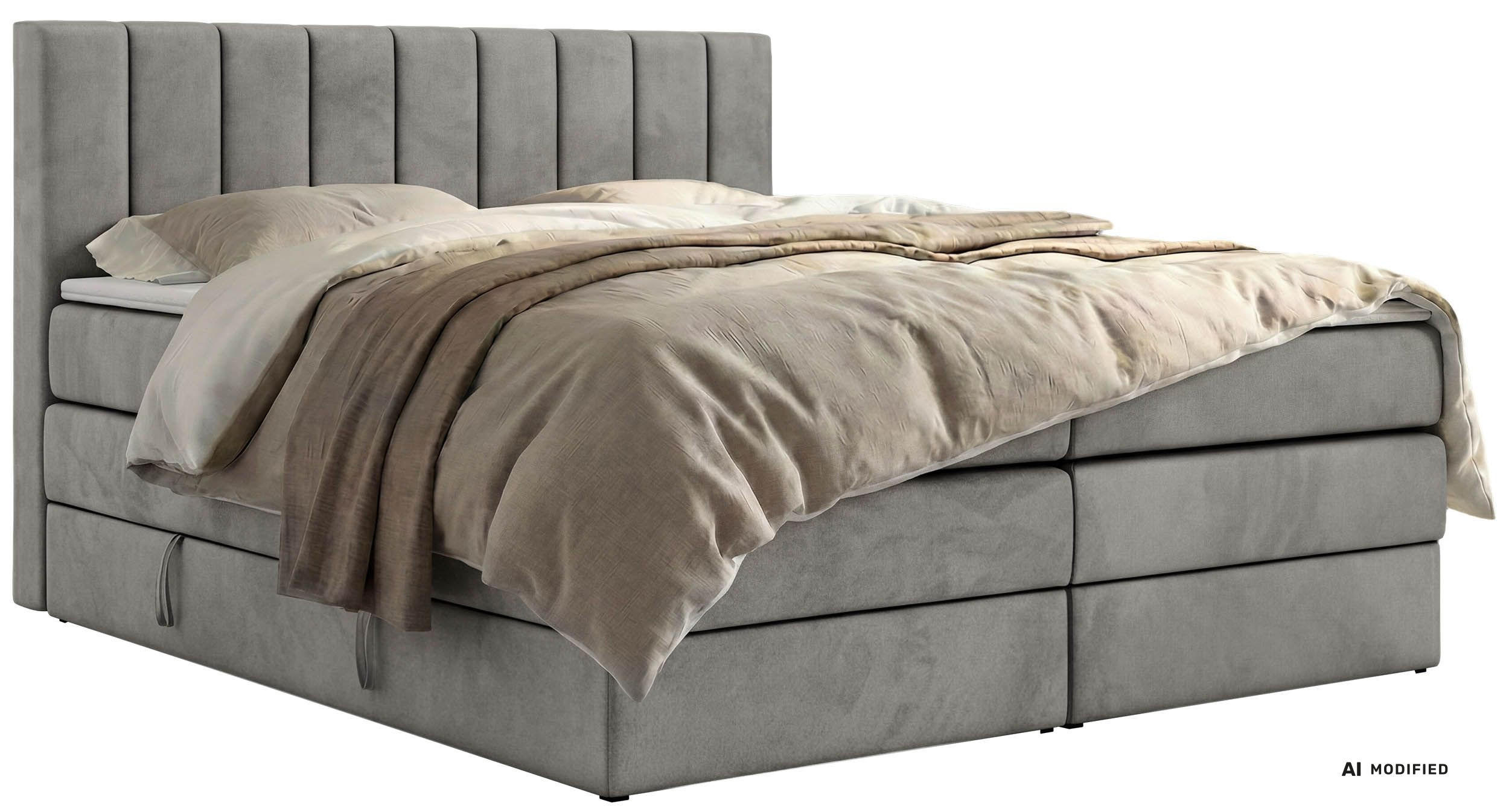 BOXSPRINGBETT ALVER KING 200/200 - Hellgrau Velvet - Topper T25 - H3 - Hellgrau/Schwarz, Kunststoff/Textil (200/200cm) - MKS