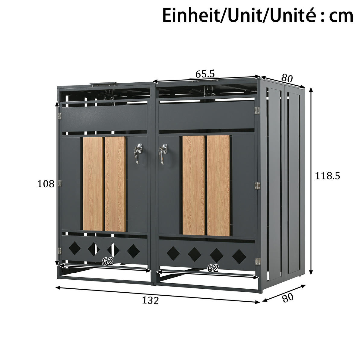 MÜLLTONNENBOX aus Stahl in Grau/Holzoptik mit hydraulischem Klappdeckel - Grau, Metall (264/118.5/80cm) - Modfu