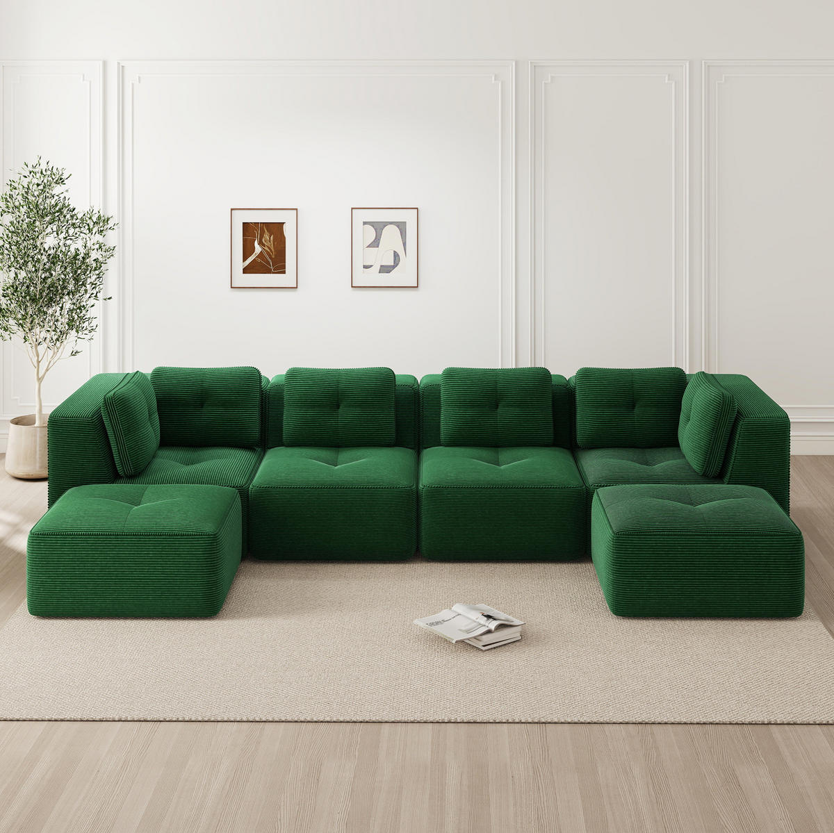 ECKSOFA 386/177/69 cm modular grün aus Cord ohne Aufbau und rutschfest - Grün, Textil (177/386cm) - OKWISH