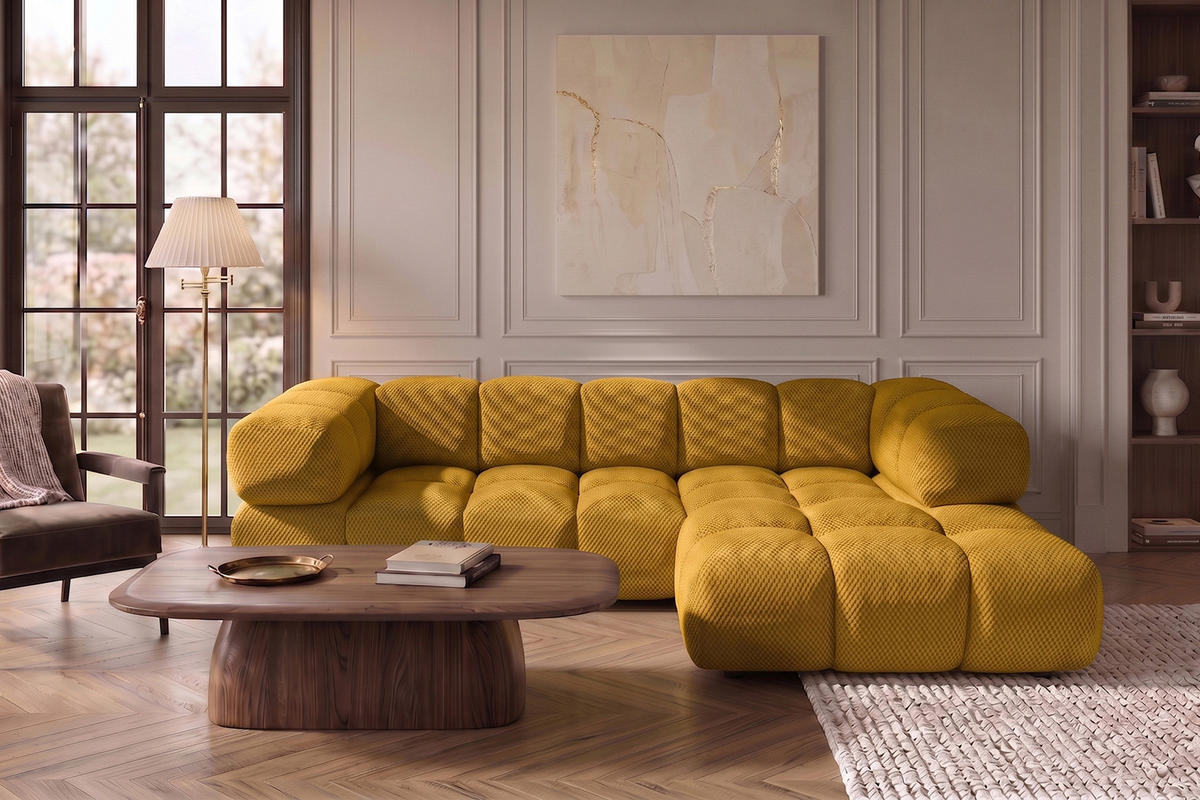 ECKSOFA L-FORM, Strukturierter Premiumstoff Sonic, Senffarbe, Rechts, Averro - Gelb, Holz (280/150cm) - Kaiser Möbel