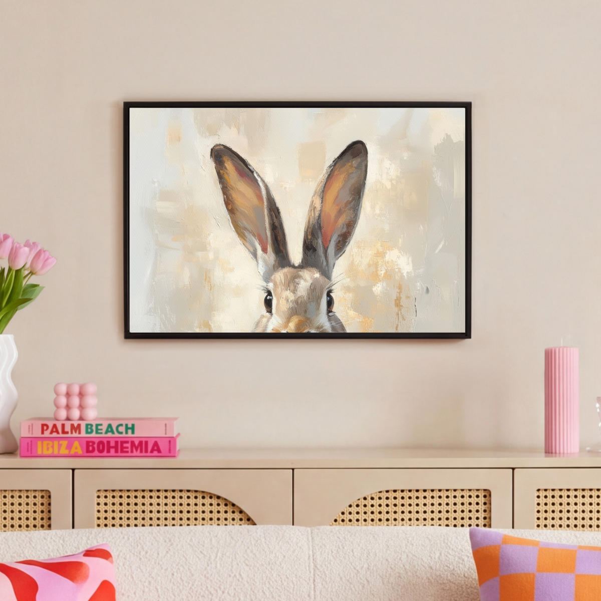 LEINWAND Bilder mit Rahmen - Hase - Ohren - Braun - 60x40 - Beige, Textil (60/40cm) - MuchoWow