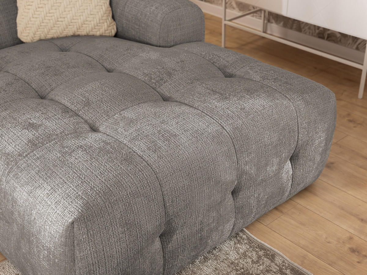 ECKSOFA inkl. Hocker Kozy im Bumpy-Design mit Schlaffunktion und fester Rückenlehne aus weichem Taupe Chenille-Stoff - Ottomane rechts - Taupe/Schwarz, Holz/Kunststoff (234/161cm) - S-Style Möbel