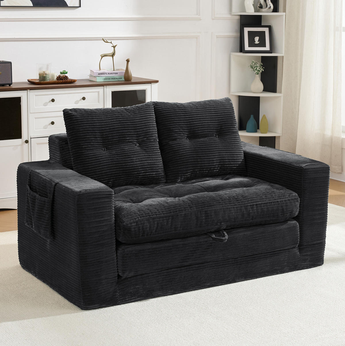 SOFA mit Ausklappfunktion und Seitentaschen Black Corduroy - Schwarz, Kunststoff (140/67/85cm) - Meubliv