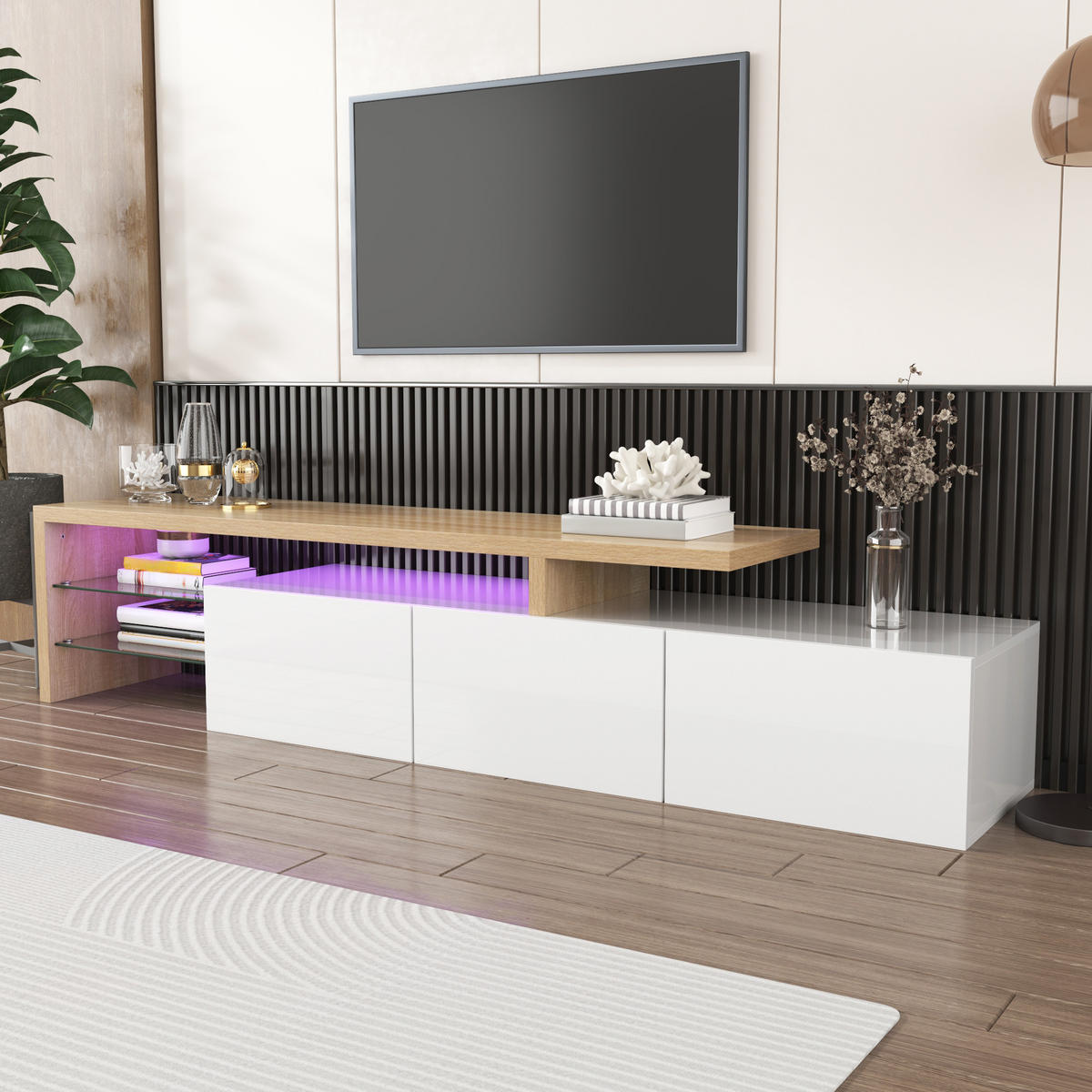 TV-ELEMENT 197,5 cm MDF Weiß Holzoptik mit LED-Beleuchtung und Glasböden - Weiß, Holzwerkstoff (39/42/197.5cm) - Korfee