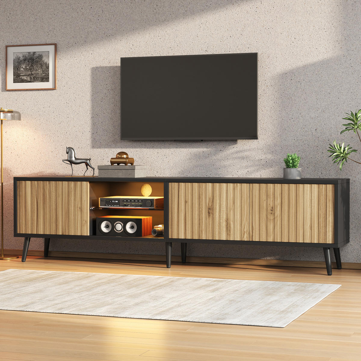 LOWBOARD in Holzoptik TV-Schrank mit LED für das Wohnzimmer, B175/T31/H43,5 cm - Schwarz/Naturfarben, Glas/Holzwerkstoff (175/43.5/31cm) - STILVORA