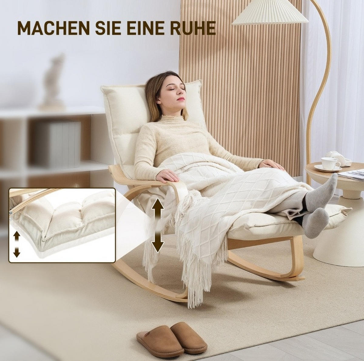 SCHAUKELSTUHL Polyesterbezug mit verstellbarer Fußstütze bis 90° 67/106-123/92 cm Creme - Creme, Textil (67/92/106cm) - Redom