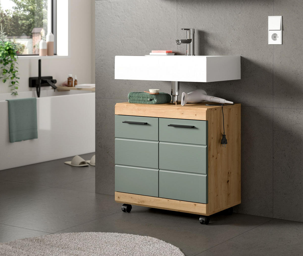 WASCHBECKENUNTERSCHRANK auf Rollen SCOUT (B/H/T: ca. 60/60/34 cm) in Artisan Eiche Nachbildung/Salbei - Eiche Artisan, Holzwerkstoff (60/60/34cm)