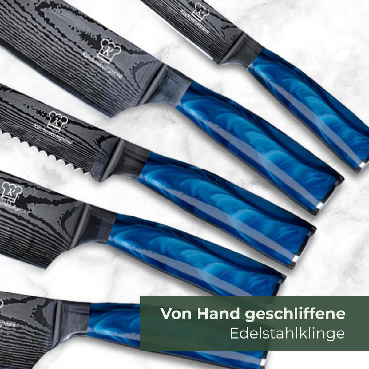 MESSER-SET 8-tlg. mit Edelstahlklingen und ergonomischen Epoxidharz-Griffen - Blau, Holz/Metall - Küchenkompane