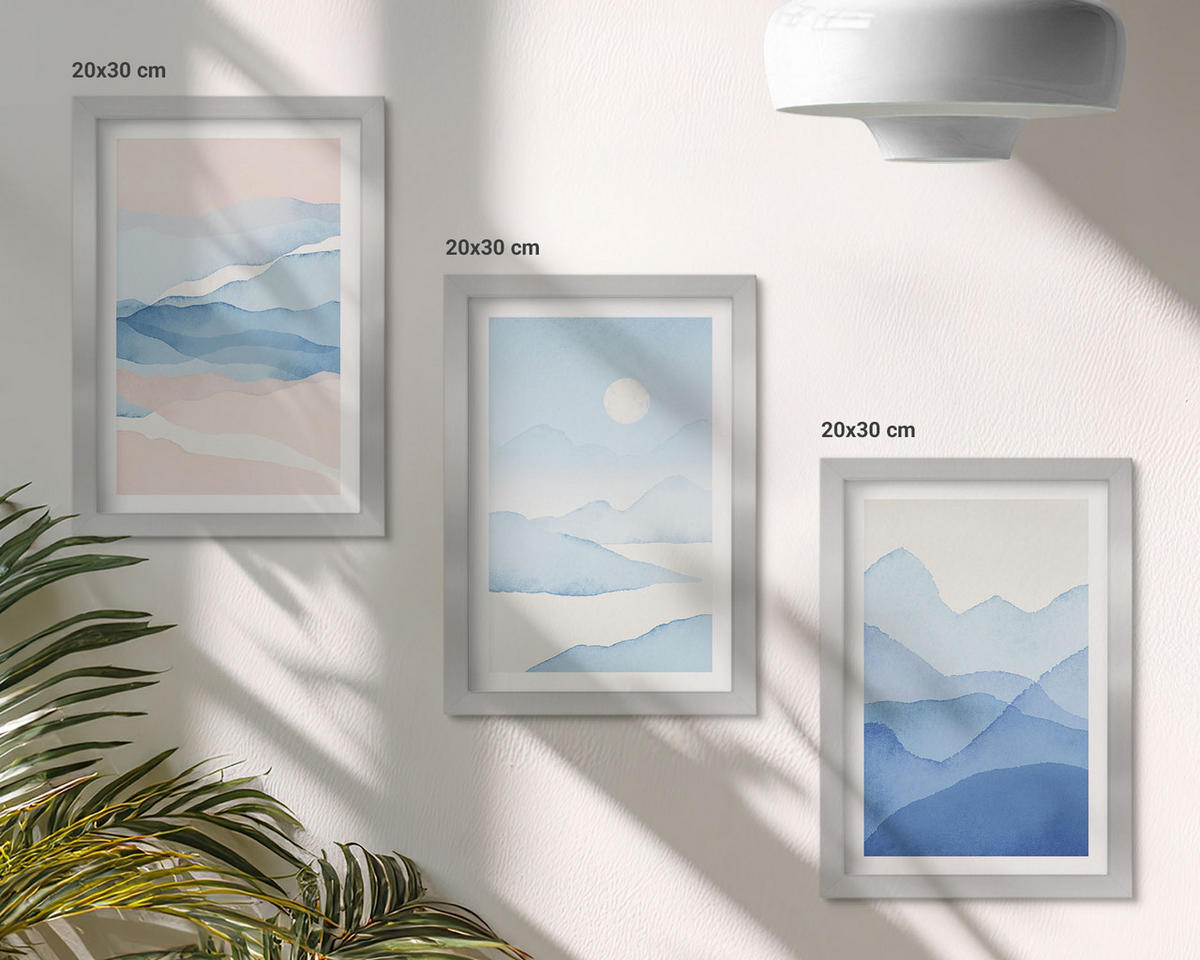 BILDER SET 3er Set - 20x30 cm Silberner Rahmen - Aquarell: Blau-rosa Berge - Silberfarben, Kunststoff (20/30cm) - TULUP