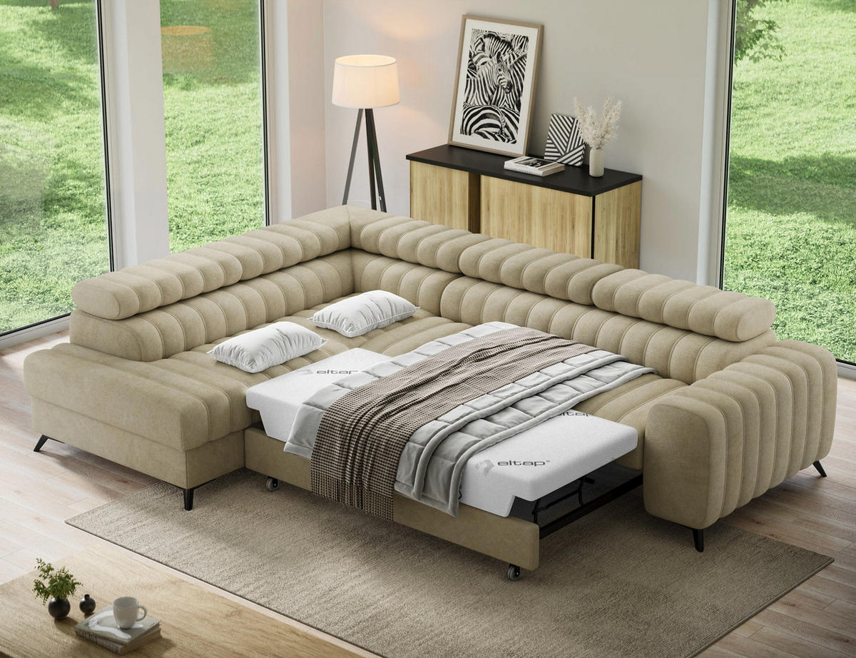 KANEDO Ecksofa mit Schlaffunktion und Bettkasten – Modernes Designsofa, verstellbare Kopfstützen, Metallfüße - Beige, Kunststoff (269/86cm) - Wohnideebilder