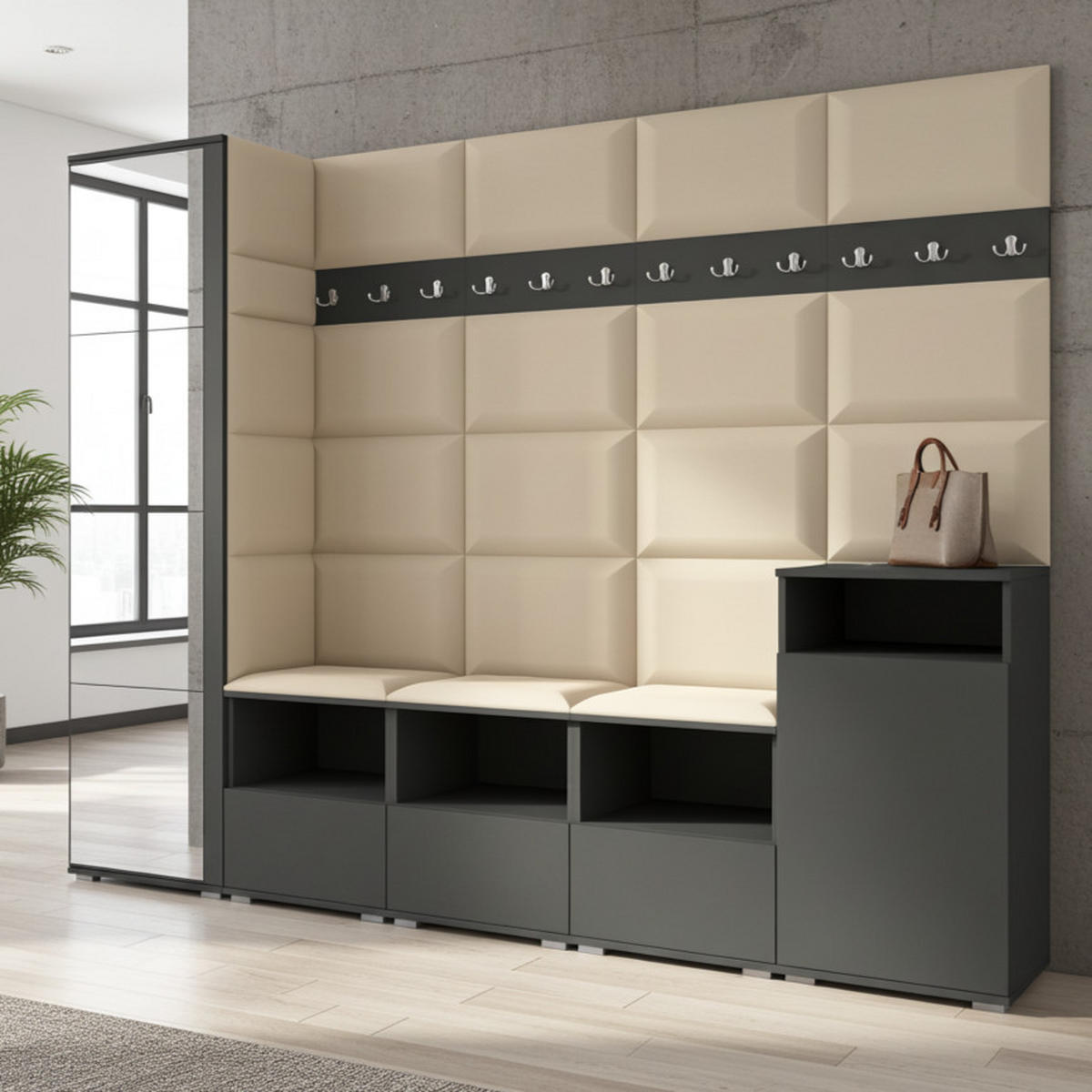 GARDEROBE NELA XI 250 cm (Modulare Flurmöbel Graphit mit Spiegel & Sitzpolster Beige 04 Großes Set) - Beige/Silberfarben, Holz/Holzwerkstoff (250/187/40cm) - Ravio