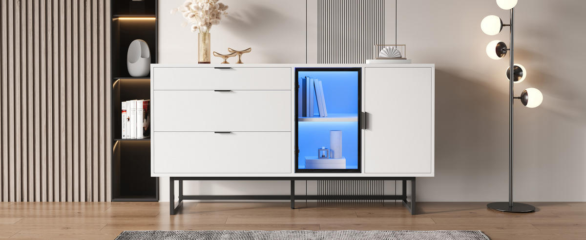 SIDEBOARD Weiß Glas Türen 3 Schubladen LED - Weiß, Holz (160/78/36cm) - LEBENLANG