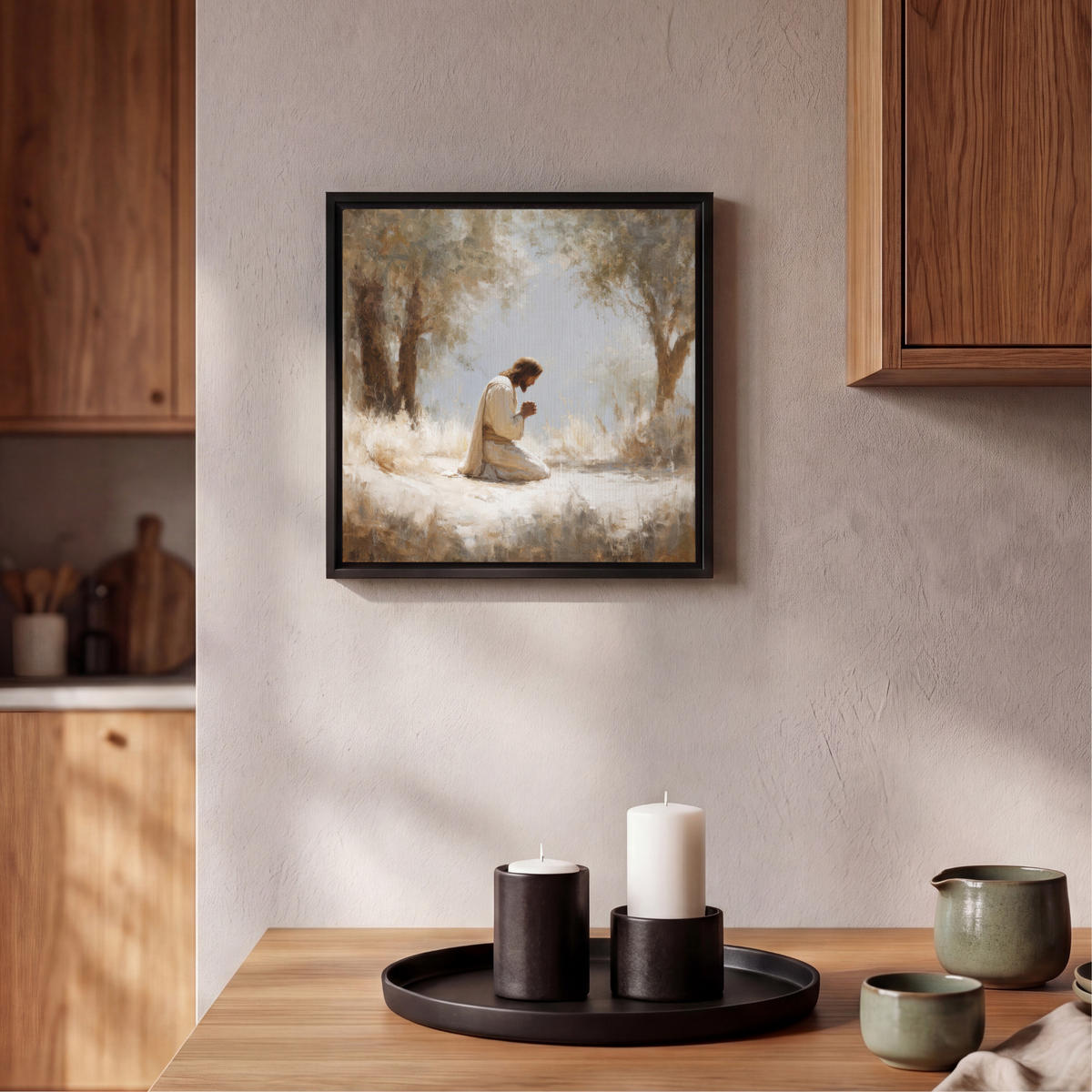 LEINWAND Bilder mit Rahmen - Jesus - Kniend - Waldlandschaft - Betend - 20x20 - Beige, Textil (20/20cm) - MuchoWow