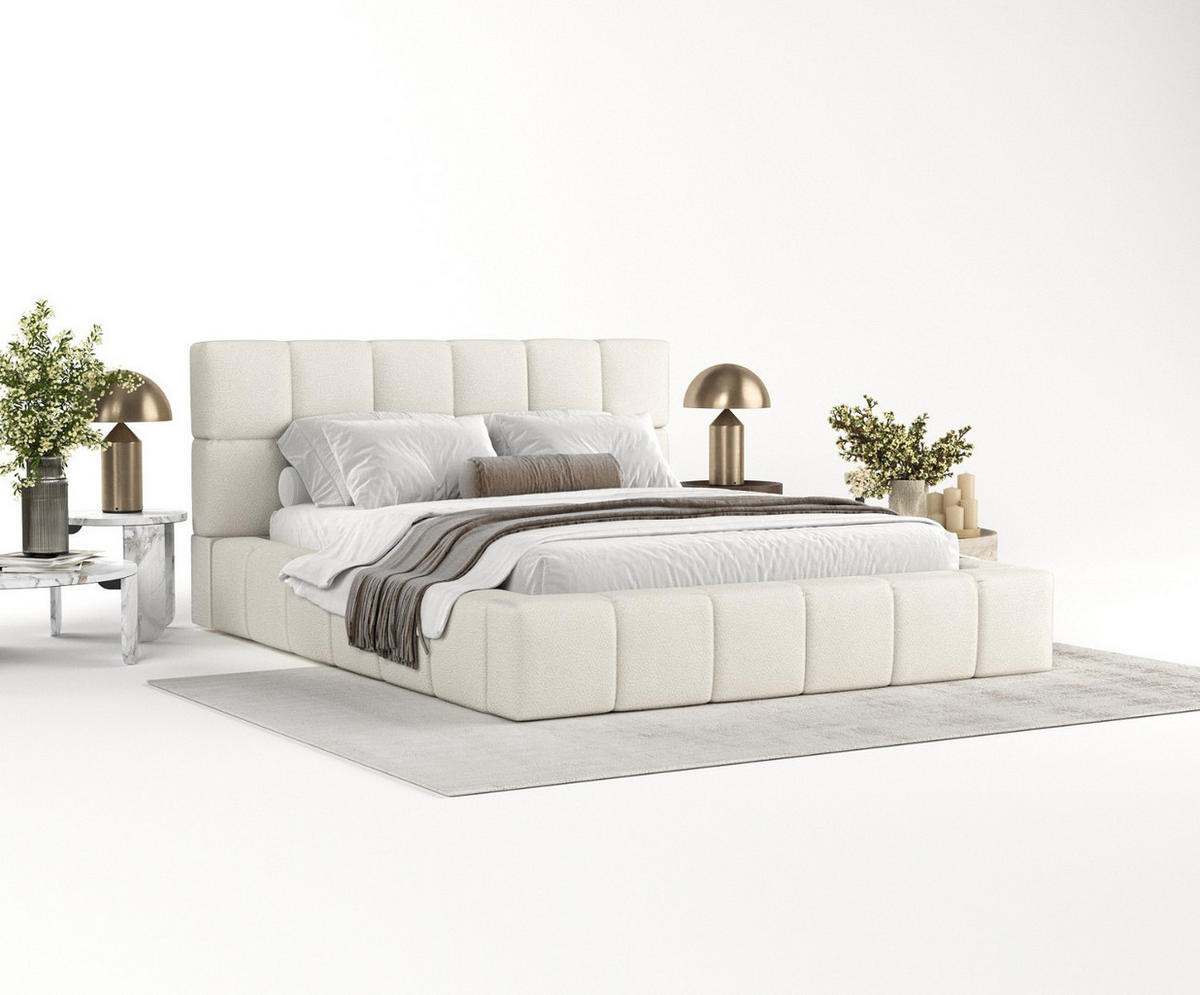 POLSTERBETT Paros mit Stauraum 200/200 cm Weiß im Bubble Stoff - Schwarz/Naturfarben, Holz/Holzwerkstoff (200/200cm) - AltaBeds