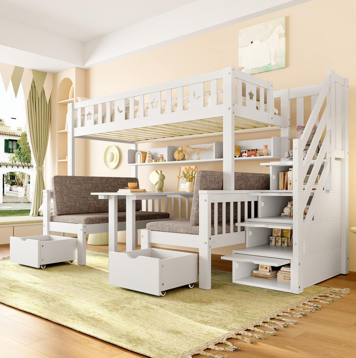 HOCHBETT 90/200 cm aus Kiefernholz mit Klapptisch und Stauraumleiter Weiß - Weiß, Holz (90/200cm) - Modenvie