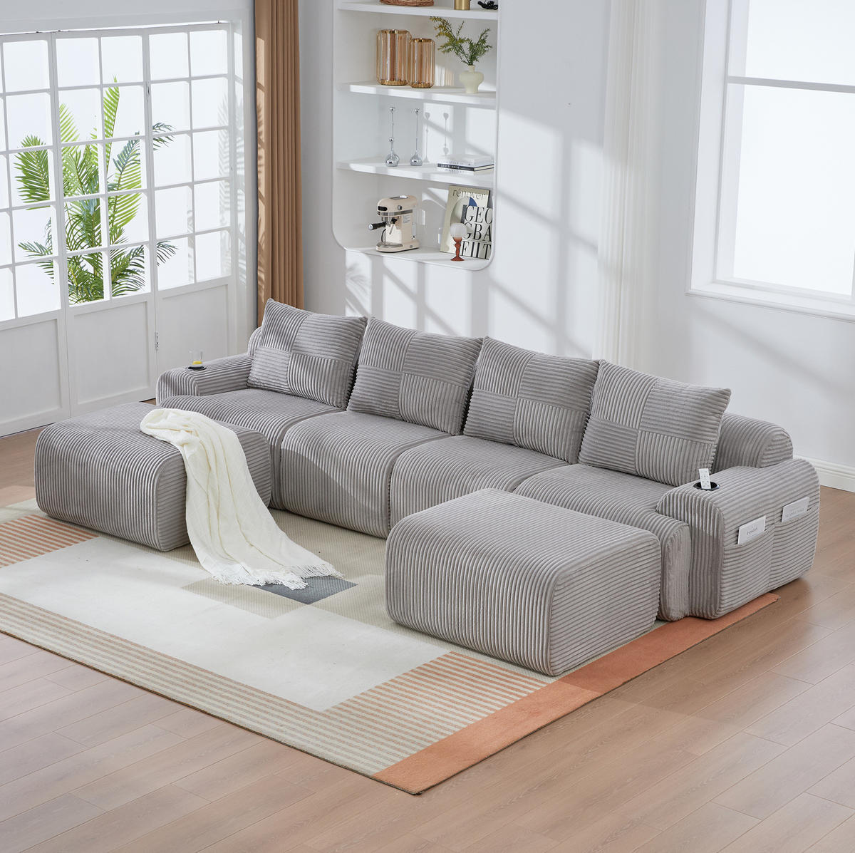 WOHNLANDSCHAFT modular 4-Sitzer mit 2 Hockern 333 x 174 cm Cord Hellgrau - Hellgrau, Kunststoff (174/80/333cm) - Meubliv