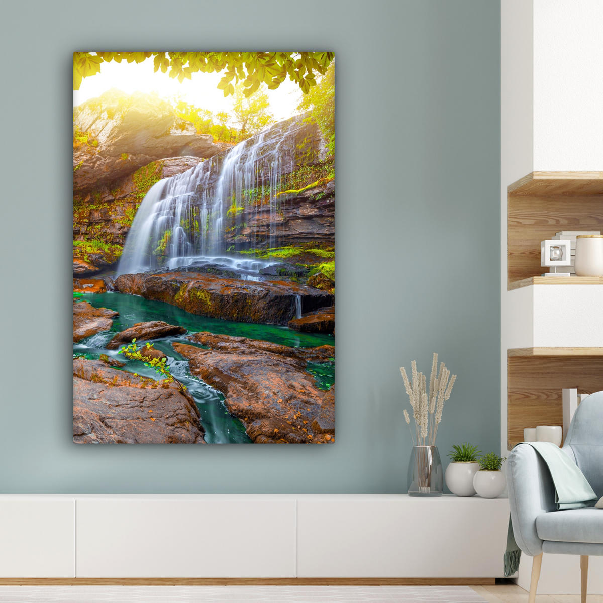 LEINWANDBILD Natur - Wasserfall - Pflanzen - Bäume - Sonne Deko Groß 90x140 cm - Olivgrün, Textil (90/140cm) - MuchoWow
