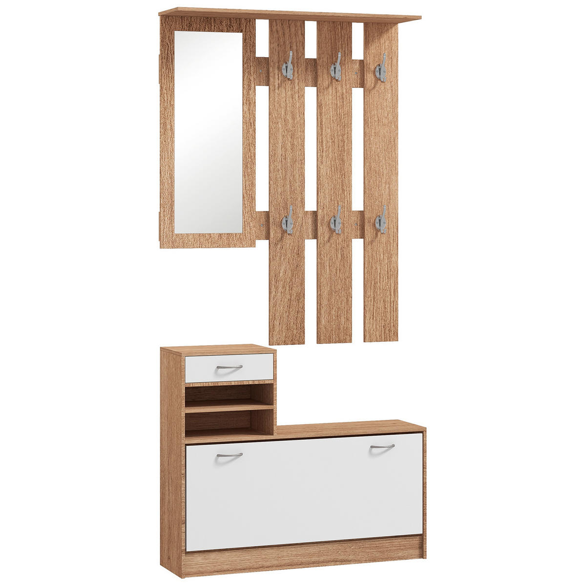 GARDEROBE DE-16812 3-in-1 mit Spiegel, 6 Haken & Schuhbank - Walnussfarben, Holzwerkstoff (10/102/90cm) - ComfortXL