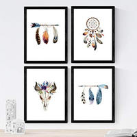 POSTER Set mit 4 bunte Federn und Blumen A4 Schwarzer Rahmen - Schwarz, Papier (29.7/3cm) - Nacnic