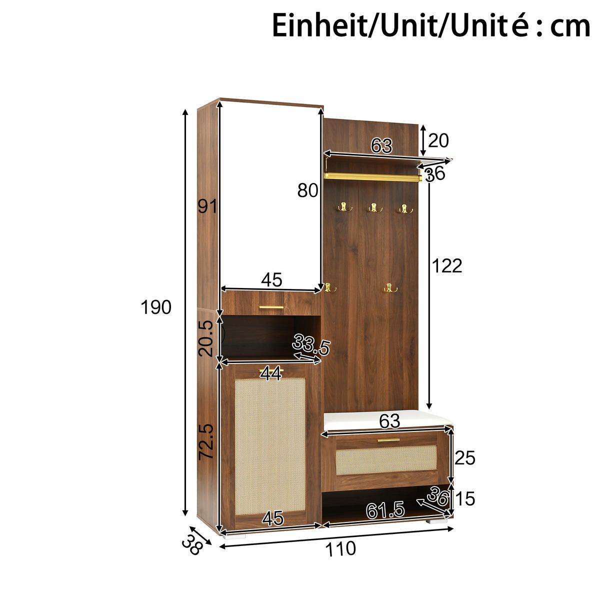 SCHUHSCHRANK aus MDF & Spanplatte 110x38x190cm in Walnuss mit Spiegel & LED - Walnussfarben, Holzwerkstoff (110/190/38cm) - Modfu