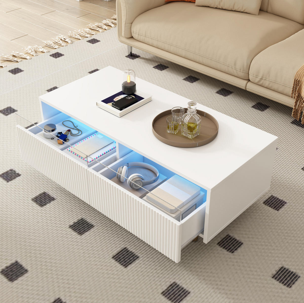 COUCHTISCH mit LED und 2 Schubladen 110 x 50 x 40 cm MDF Weiß - Weiß, Holz (100/50/40cm) - Meubliv